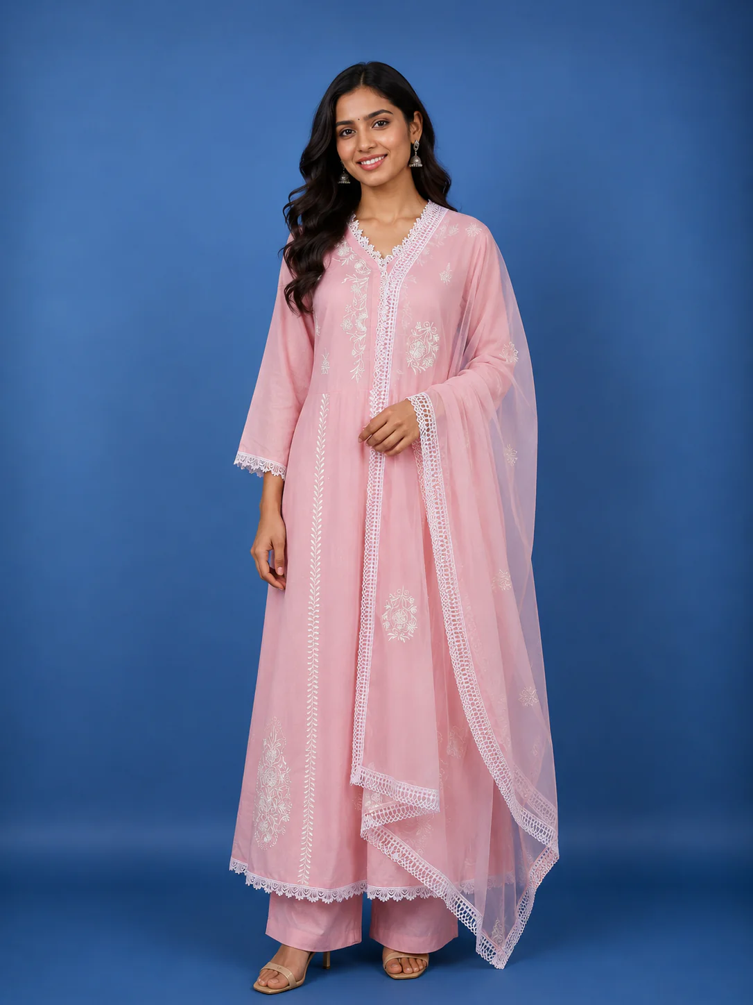 Pink Floral Embroidered Cotton Anarkali Salwar Suit With Dupatta